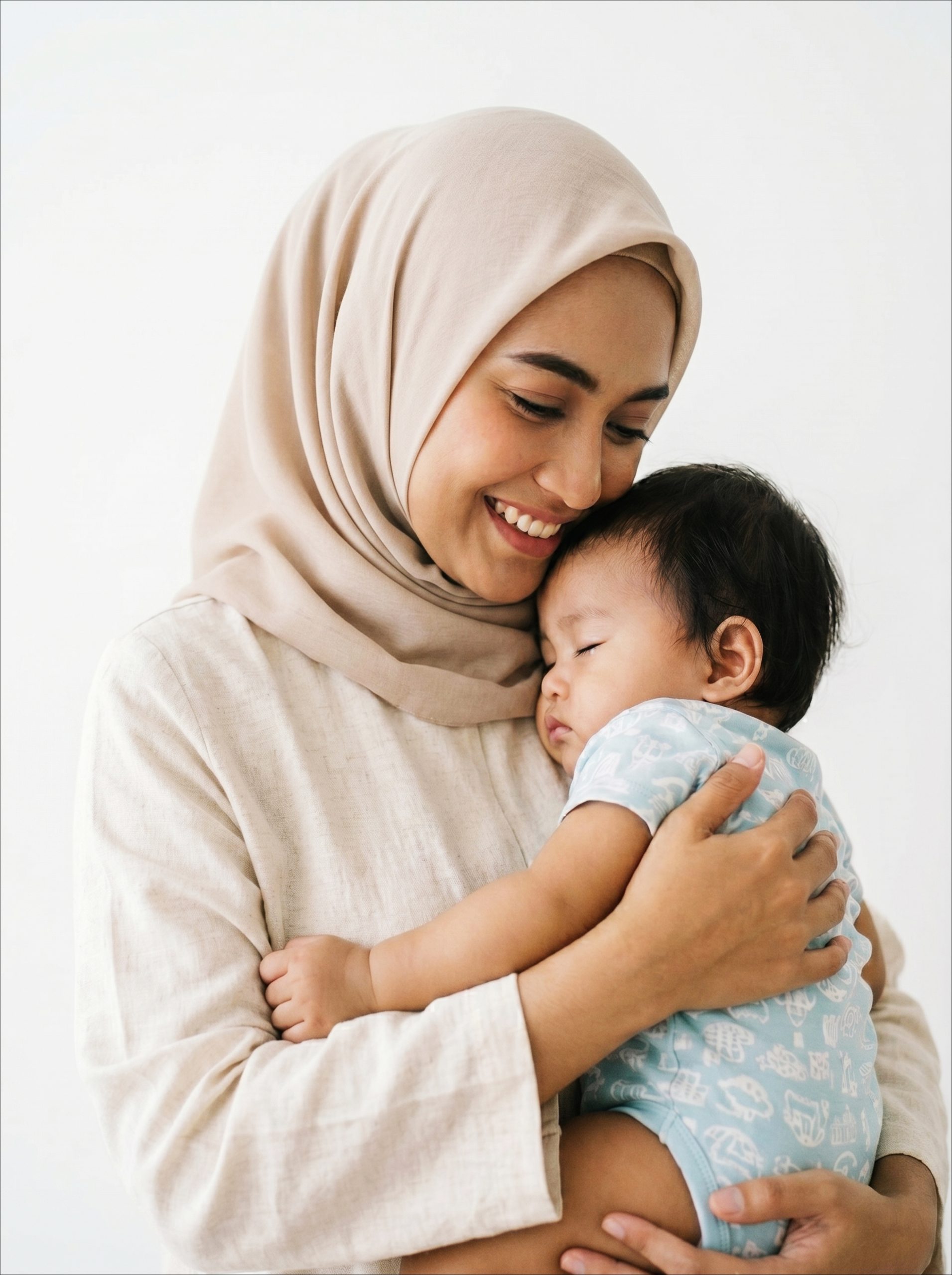 tender moment between an asian muslim mom and her cute baby, showing the unconditional family love